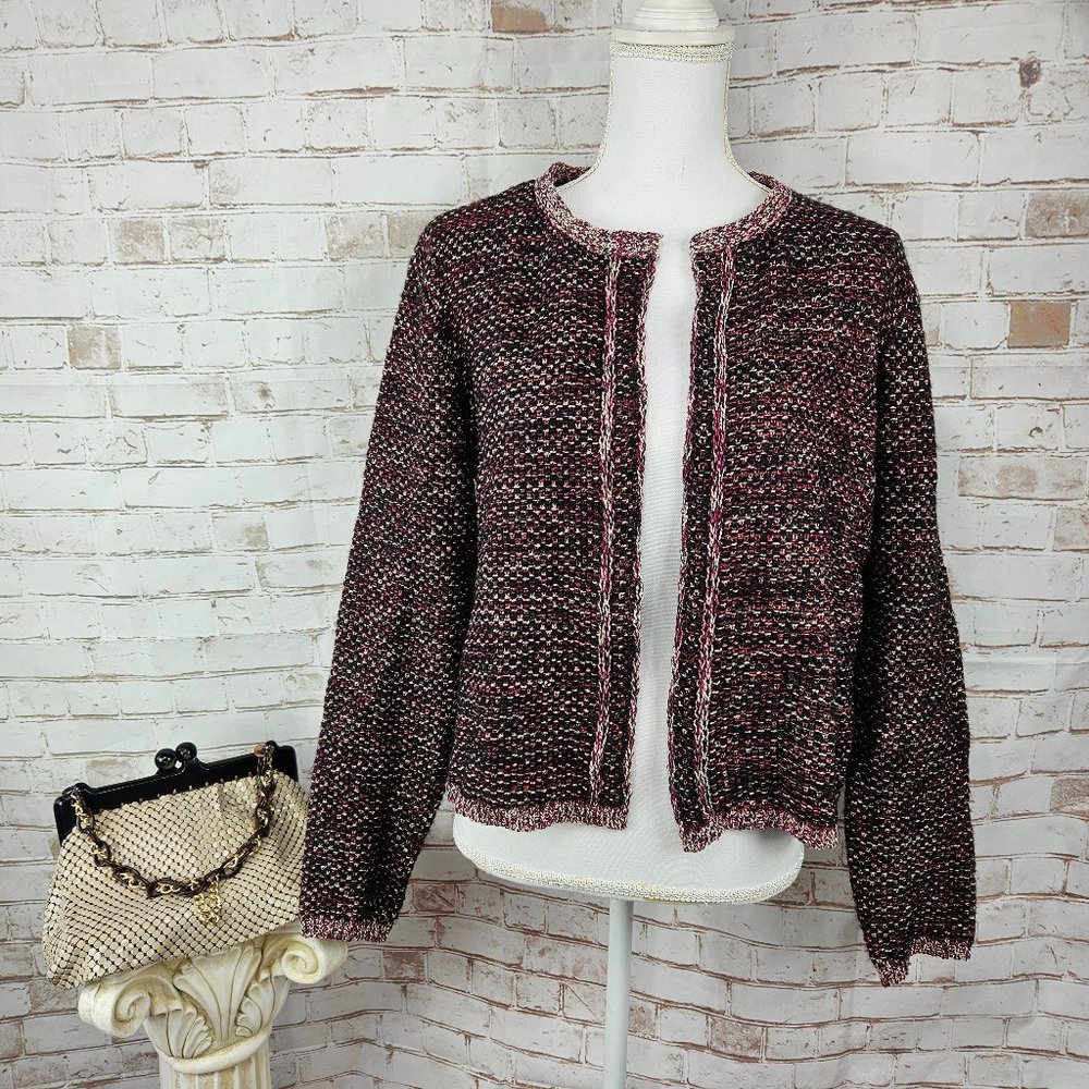 NWT Elle Size Large Black/Pink/White Tweed Open Front Blazer Cardigan Jacket $60